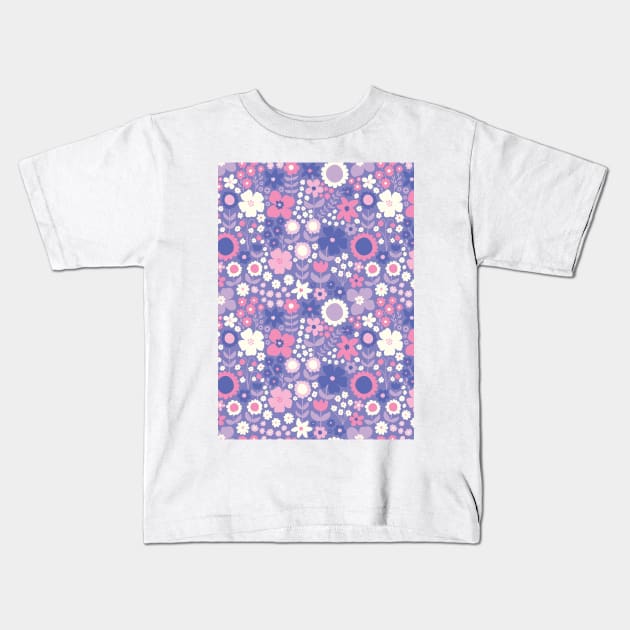 retro florals pattern, 70s groovy purple flowers, flower market, scandinavian florals, purple hues, purple, lilac, pink, hot pink Kids T-Shirt by blomastudios